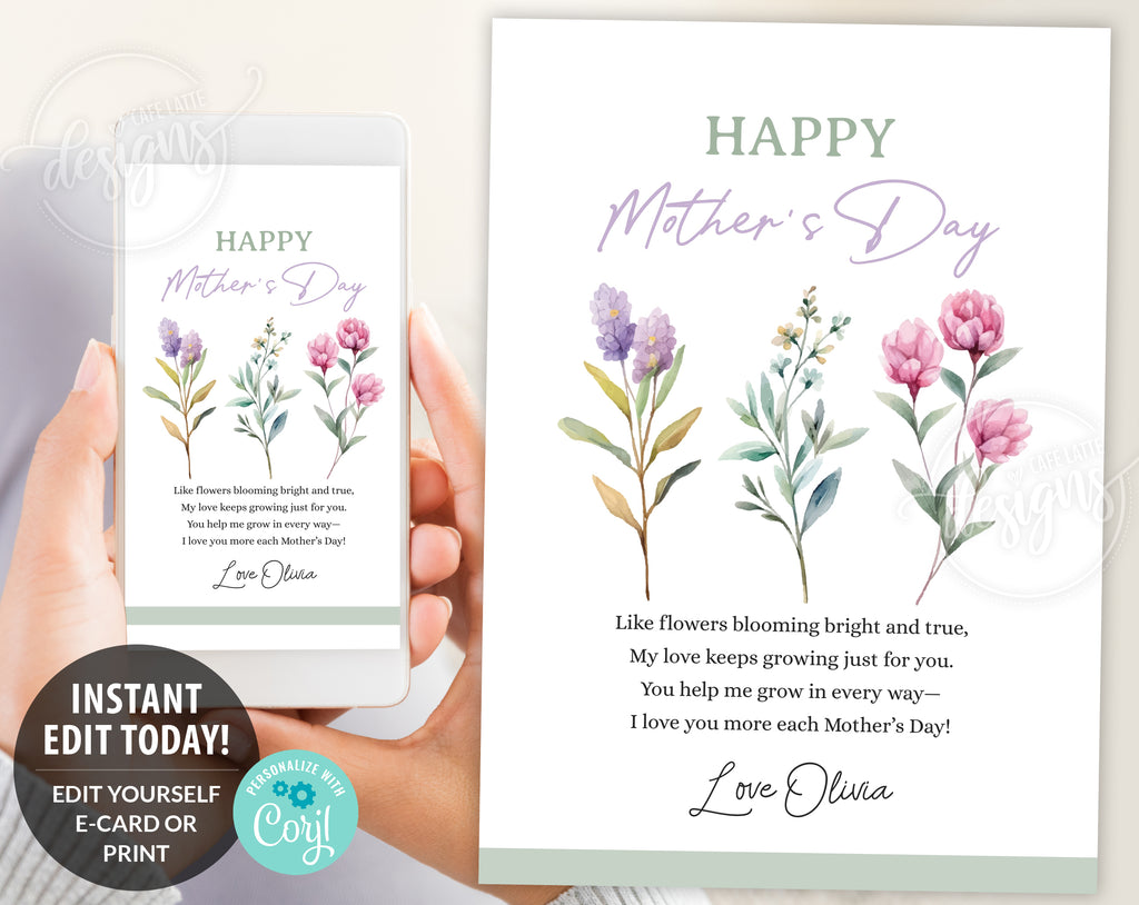 Mothers day card printable, Mothers day personalized card editable template instant download DIY, Mom mum day watercolor flowers ecard digital send by email text message social media, First Mothers day custom personalized card for mom grandma, Minimalist simple Mothers day card, Thoughtful card gift for her, Last minute Mothers day card, Cheap Mothers day card, Flower leaves greenery wreath birthday card