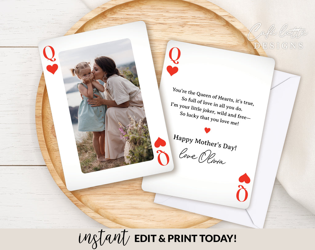 Mothers day photo card printable, Mothers day playing card queen of hearts editable template instant download DIY, Mom mum day family photo baby kids children photoshoot ecard digital send by email text message social media, First Mothers day custom personalized card for mom grandma, Playing card Queen of hearts original card for mum, Instant download card, last minute card