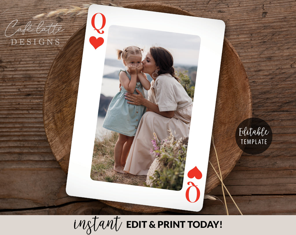 Mothers day photo card printable, Mothers day playing card queen of hearts editable template instant download DIY, Mom mum day family photo baby kids children photoshoot ecard digital send by email text message social media, First Mothers day custom personalized card for mom grandma, Playing card Queen of hearts original card for mum, Instant download card, last minute card