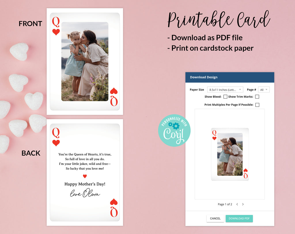 Mothers day photo card printable, Mothers day playing card queen of hearts editable template instant download DIY, Mom mum day family photo baby kids children photoshoot ecard digital send by email text message social media, First Mothers day custom personalized card for mom grandma, Playing card Queen of hearts original card for mum, Instant download card, last minute card
