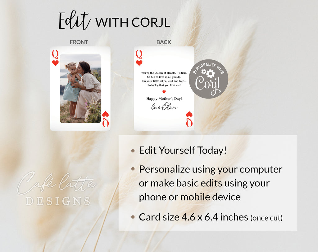 Mothers day photo card printable, Mothers day playing card queen of hearts editable template instant download DIY, Mom mum day family photo baby kids children photoshoot ecard digital send by email text message social media, First Mothers day custom personalized card for mom grandma, Playing card Queen of hearts original card for mum, Instant download card, last minute card
