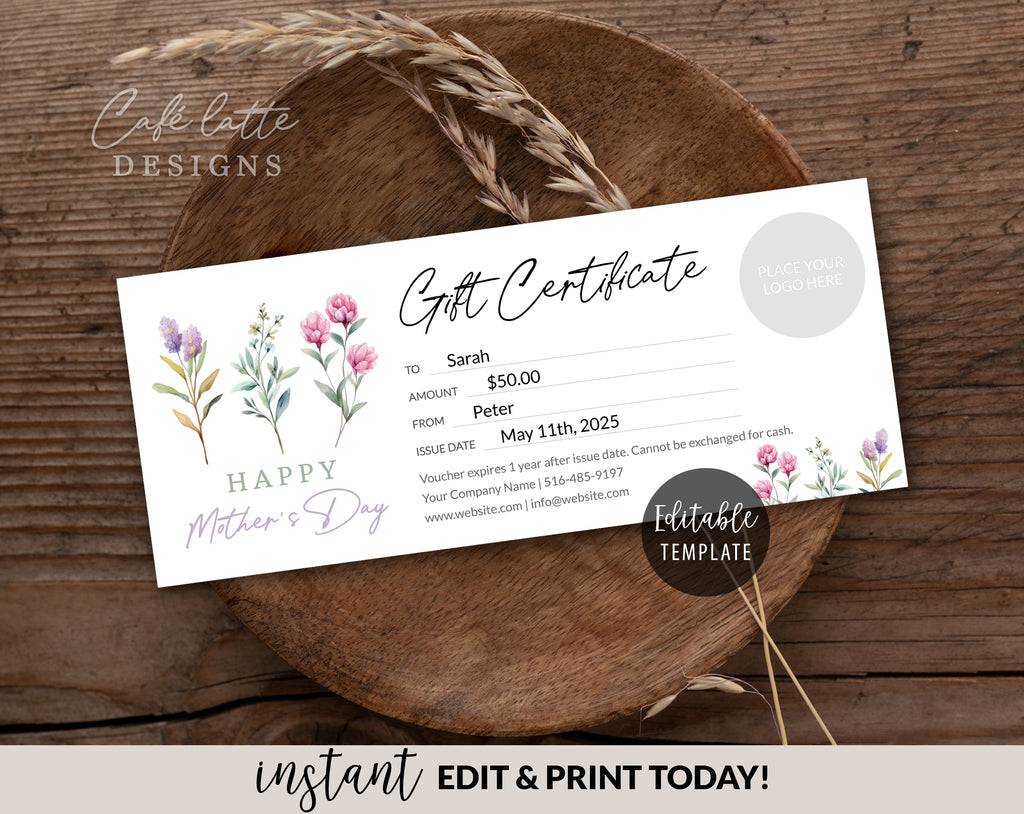 Mothers Day Business gift certificate editable template, Happy Mothers Day Company gift certificate printable, Corporate add logo gift coupon, Last minute gift card ideas, Minimalist gift certificate template DIY, Business gift certificate for mom mother grandmother grandma, Personalized custom Mothers Day gift certificate last minute cheap gift DIY, Watercolor flowers Mothers Day May gift ideas for her