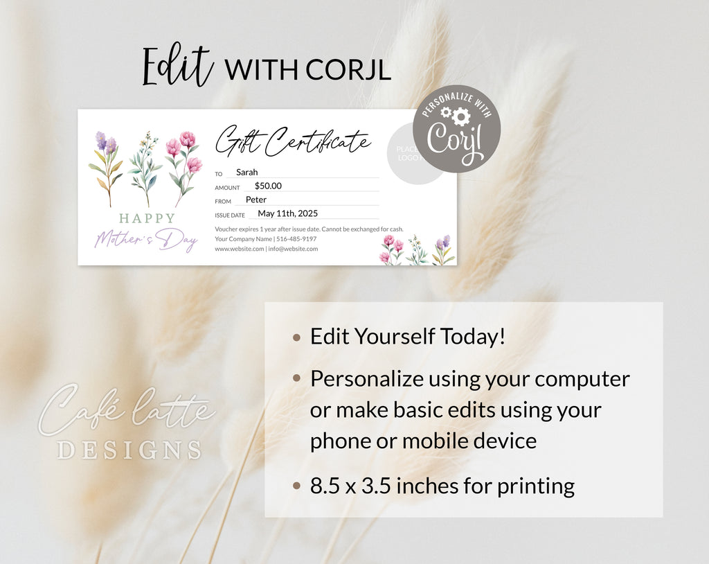 Mothers Day Business gift certificate editable template, Happy Mothers Day Company gift certificate printable, Corporate add logo gift coupon, Last minute gift card ideas, Minimalist gift certificate template DIY, Business gift certificate for mom mother grandmother grandma, Personalized custom Mothers Day gift certificate last minute cheap gift DIY, Watercolor flowers Mothers Day May gift ideas for her