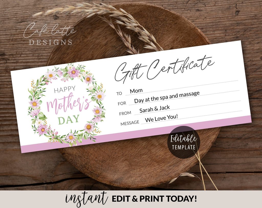Mothers day gift certificate editable template, Mothers day printable gift certificate, Mothers day gift card coupon with pink purple flowers, Mothers day gift certificate instant download DIY, Flower wreath gift card for mom grandmother grandma on Mothers Day, Last minute Mothers day gift, Original Mothers day gift, Spa massage nail salon gift certificate, Hair salon gift certificate, Business gift certificate