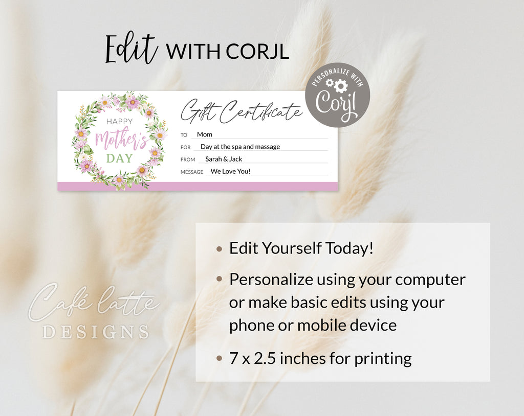 Mothers day gift certificate editable template, Mothers day printable gift certificate, Mothers day gift card coupon with pink purple flowers, Mothers day gift certificate instant download DIY, Flower wreath gift card for mom grandmother grandma on Mothers Day, Last minute Mothers day gift, Original Mothers day gift, Spa massage nail salon gift certificate, Hair salon gift certificate, Business gift certificate