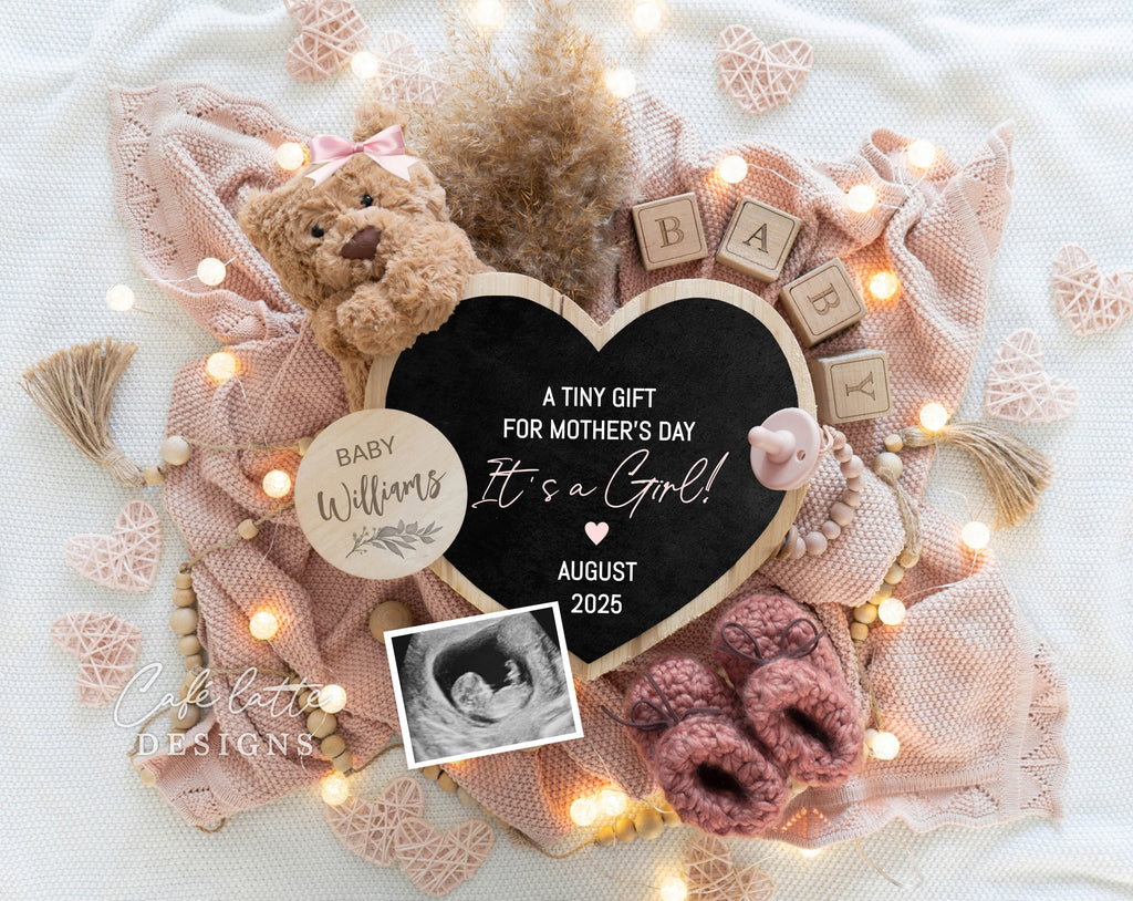 Mothers day Girl gender reveal pregnancy announcement digital, Mothers day Girl gender reveal announcement husband, Its a girl template, Gender reveal mother mom grandparents, Pregnancy reveal, Gender reveal gift, Girl bear pampas heart board pink, A tiny gift for Mothers day its a girl baby reveal