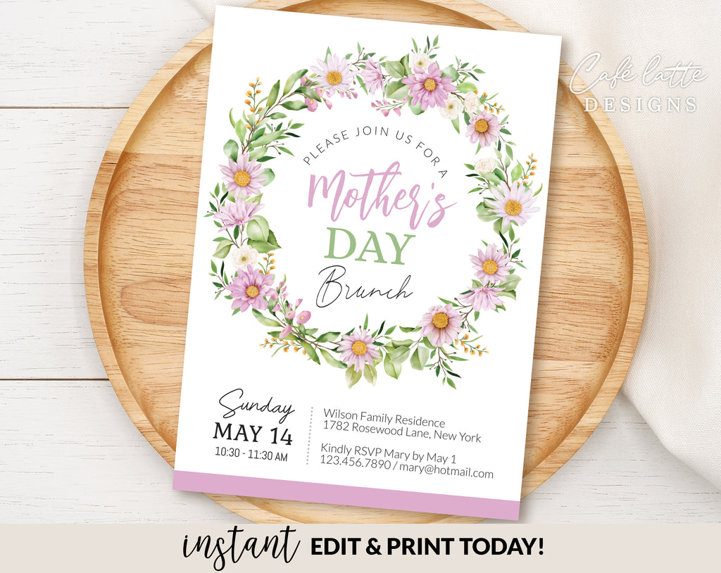 Mothers Day brunch invitation printable, Mothers Day invitation digital editable template, E-invitation for brunch lunch, watercolor pink purple flowers and leaves, Mothers Day printable invite, send by email, text message or print it out, Digital flower wreath Mothers day invitation DIY instant download, Last minute Mothers day invitation, Mothers day cheap invitation template