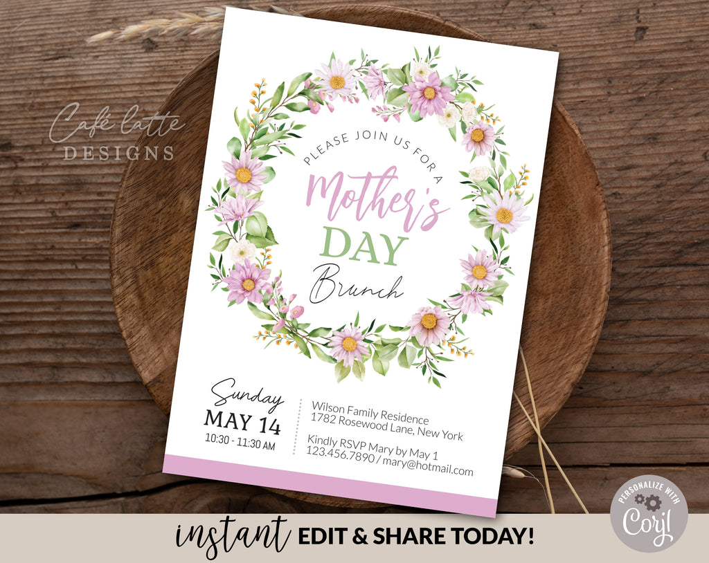 Mothers Day brunch invitation printable, Mothers Day invitation digital editable template, E-invitation for brunch lunch, watercolor pink purple flowers and leaves, Mothers Day printable invite, send by email, text message or print it out, Digital flower wreath Mothers day invitation DIY instant download, Last minute Mothers day invitation, Mothers day cheap invitation template