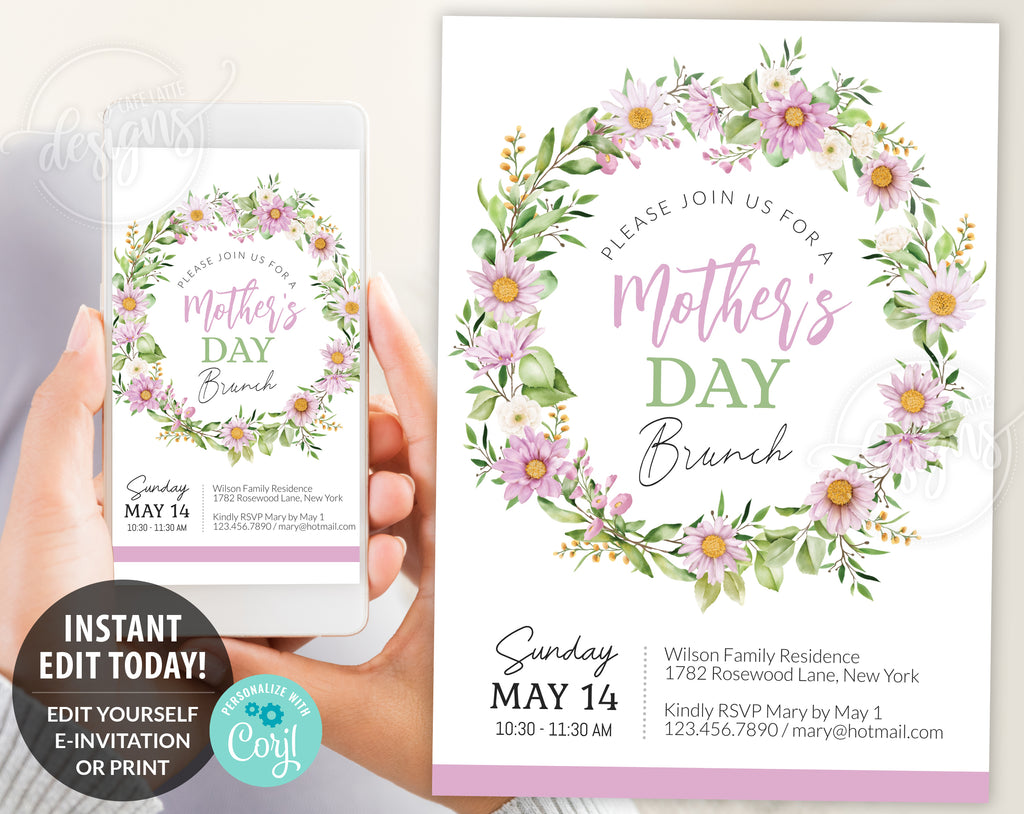 Mothers Day brunch invitation printable, Mothers Day invitation digital editable template, E-invitation for brunch lunch, watercolor pink purple flowers and leaves, Mothers Day printable invite, send by email, text message or print it out, Digital flower wreath Mothers day invitation DIY instant download, Last minute Mothers day invitation, Mothers day cheap invitation template