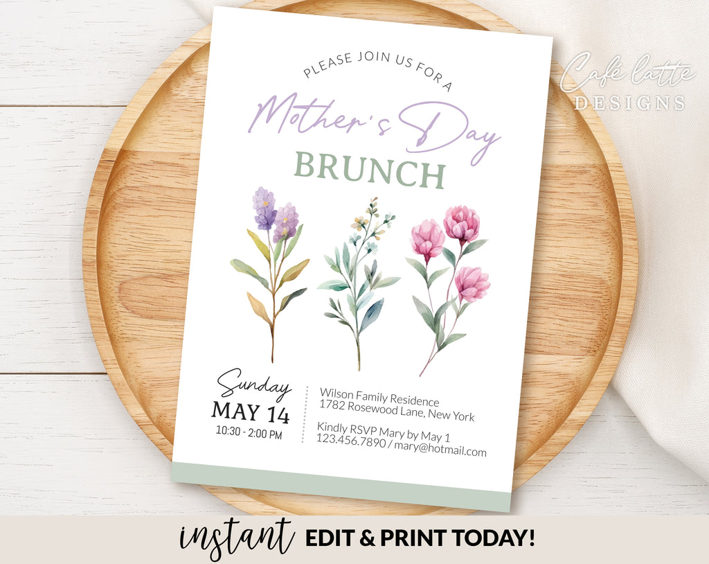 Mothers Day brunch invitation printable, Mothers Day invitation digital editable template, E-invitation for brunch lunch, watercolor pink purple flowers and greenery leaves, Mothers Day printable invite, send by email, text message or print it out, Digital flowers Mothers day invitation DIY instant download, Last minute Mothers day invitation, Mothers day cheap invitation template, Sage green Mothers Day invitation minimalist simple template