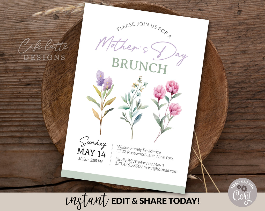 Mothers Day brunch invitation printable, Mothers Day invitation digital editable template, E-invitation for brunch lunch, watercolor pink purple flowers and greenery leaves, Mothers Day printable invite, send by email, text message or print it out, Digital flowers Mothers day invitation DIY instant download, Last minute Mothers day invitation, Mothers day cheap invitation template, Sage green Mothers Day invitation minimalist simple template