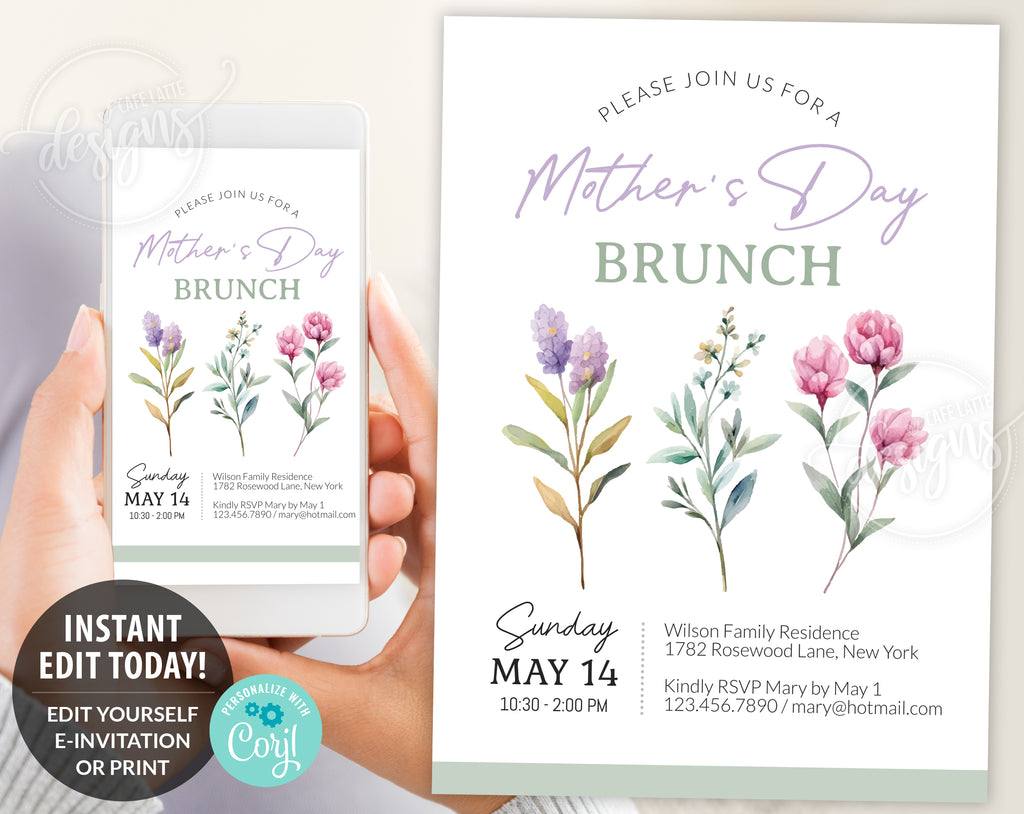Mothers Day brunch invitation printable, Mothers Day invitation digital editable template, E-invitation for brunch lunch, watercolor pink purple flowers and greenery leaves, Mothers Day printable invite, send by email, text message or print it out, Digital flowers Mothers day invitation DIY instant download, Last minute Mothers day invitation, Mothers day cheap invitation template, Sage green Mothers Day invitation minimalist simple template