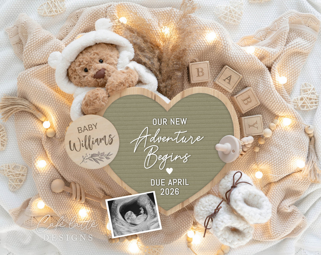 Pregnancy announcement digital, Pregnancy announcement to husband, Pregnancy announcement template, Pregnancy announcement grandparents, Pregnancy reveal, Pregnancy announcement gift, Neutral teddy bear pampas sage green heart board, Our New Adventure Begins instant download DIY