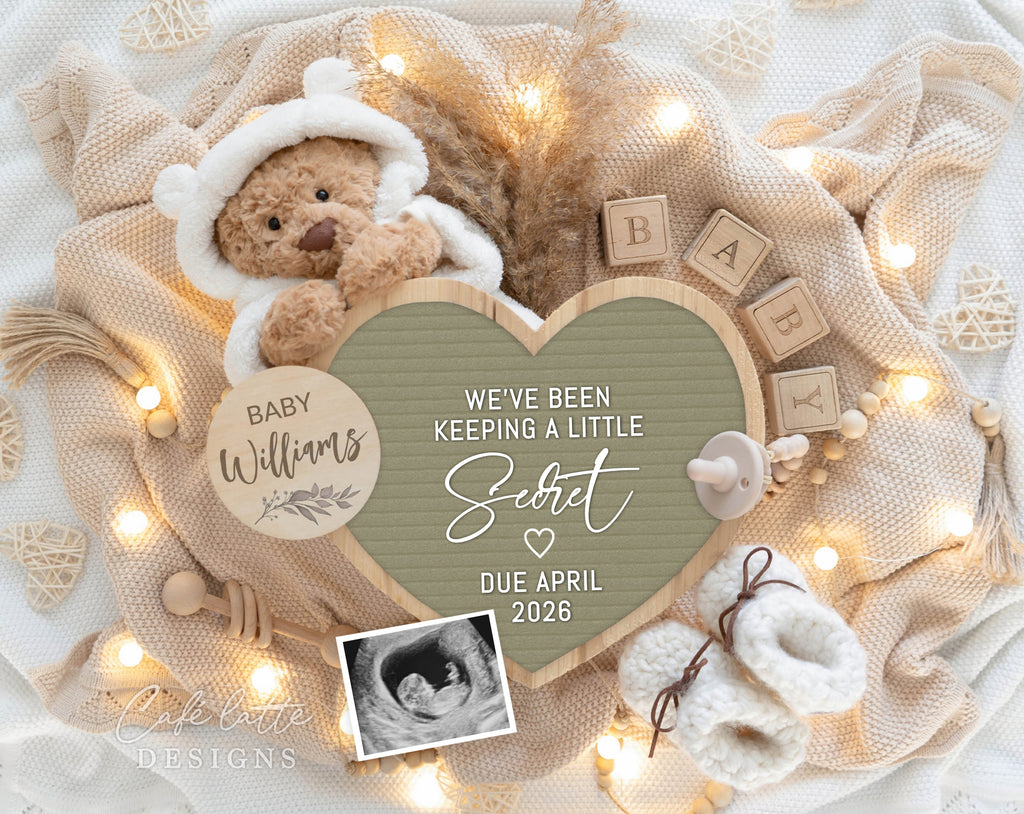 Neutral pregnancy announcement digital, Pregnancy announcement to husband, Boho pregnancy announcement template, Pregnancy announcement grandparents, Pregnancy reveal, Baby announcement digital, Neutral bear heart, We have been keeping a little secret, pregnancy reveal, baby reveal, digital baby announcement, digital pregnancy announcement, baby announcement teddy bear white hoody and green heart letter board