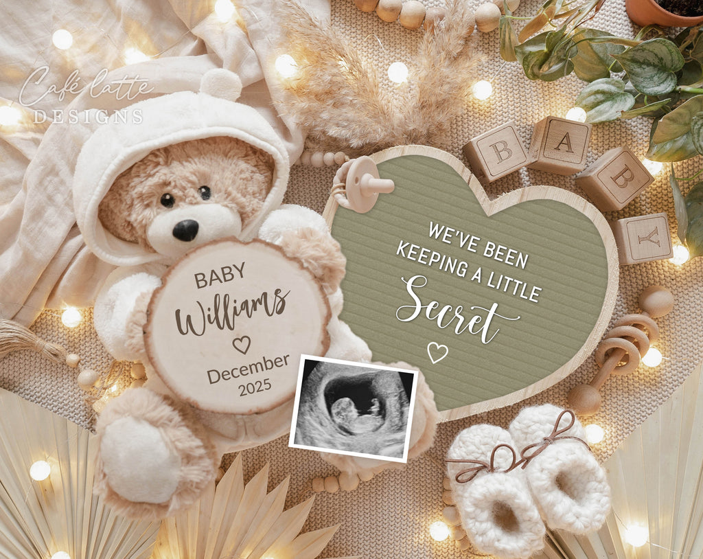 Pregnancy Announcement Digital Boho Gender Neutral sage green Heart letter board, Baby Announcement Digital Editable Template Keeping A Little Secret, Teddy Bear plant and green heart, Pregnancy announcement instant download, Pregnancy reveal for social media Instagram Facebook