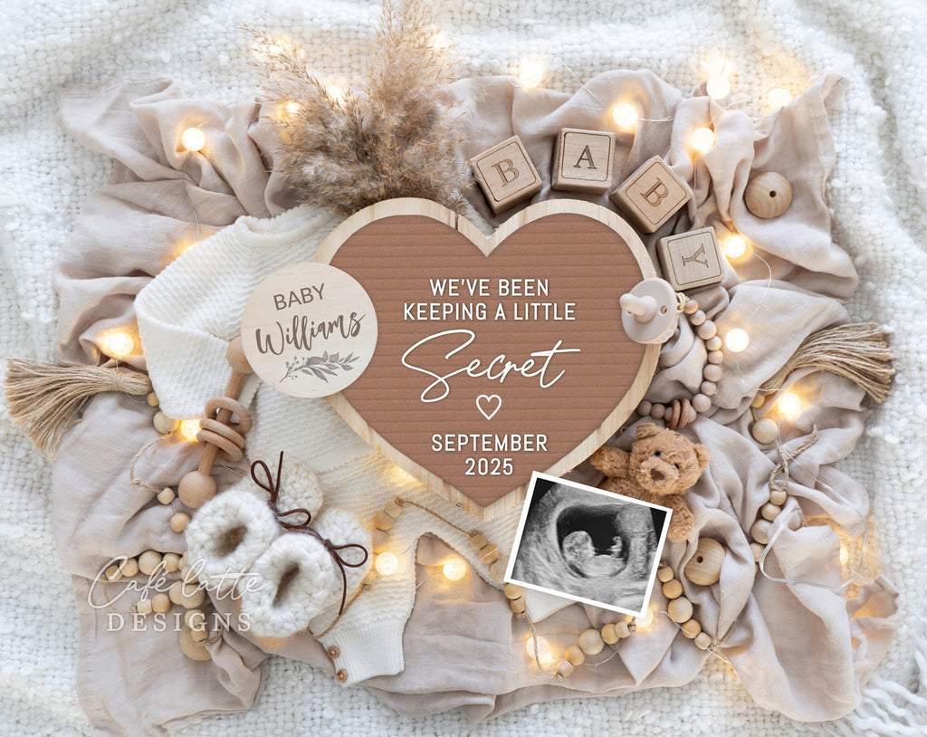 Neutral Pregnancy Announcement Digital Boho Gender Neutral mocha Heart letter board, Baby Announcement Digital Editable Template, Spring Baby Announcement, Summer Baby Announcement, Baby Announce, Diy Baby Announcement, Baby Announcement ideas, Mocha heart letter board teddy bear white knit baby outfit, We have been keeping a little secret pregnancy announcement digital