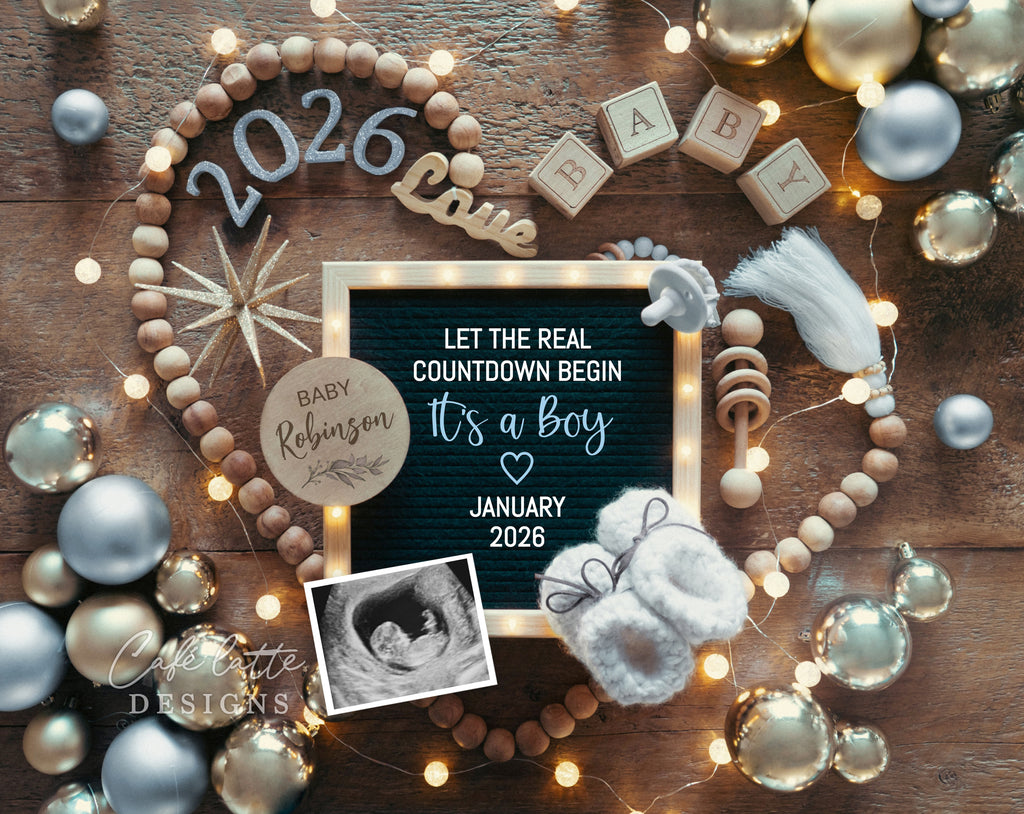 New Years boy gender reveal for social media, New Years boy gender reveal digital image with heart, letter board, blue baby booties and gold ornaments, Let the real countdown begin 2026, Its a boy, Boy baby reveal editable template DIY gold January, Boy pregnancy announcement digital, Boy baby announcement instant download, Boy gender reveal DIY