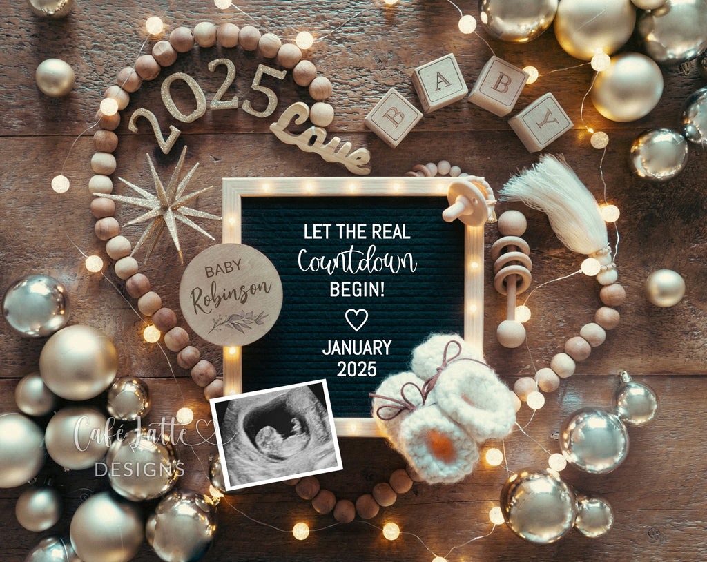 New Years pregnancy announcement for social media, New Year digital baby announcement with heart, gold ornaments and letter board, Let the real countdown being, Gender neutral boho editable template DIY, January winter baby reveal classy chic gold