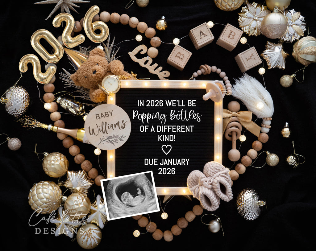 New Years pregnancy announcement digital for social media, New Year digital baby announcement, gold ornaments and letter board, Popping bottles different kind, Neutral boho editable template DIY, January winter baby reveal classy chic gold, 2026 baby announcement instant download