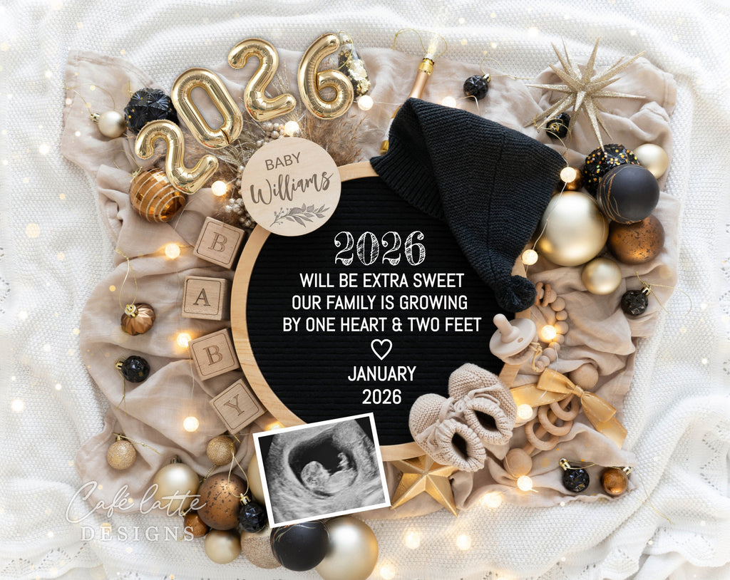 New Years pregnancy announcement digital for social media, New Year digital baby announcement with gold ornaments and circle letter board, January winter baby reveal chic, Let The Real CountdownBegin, 2026 baby, new year baby, diy baby announcement, instant download, digital baby announcement, digital pregnancy announcement, baby announce, new year baby, new years baby