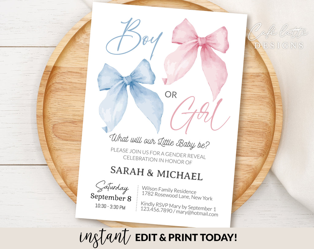 Bows Gender Reveal Digital Invitation Template, Pink bow and blue bow Boy or Girl Gender Reveal Invite, Blue and Pink gender reveal invitation editable template, Printable gender reveal invitation DIY instant download, Cheap gender reveal invitation watercolor bows