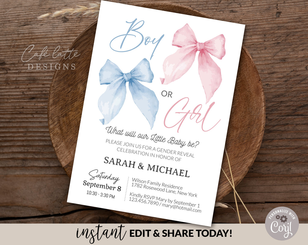 Bows Gender Reveal Digital Invitation Template, Pink bow and blue bow Boy or Girl Gender Reveal Invite, Blue and Pink gender reveal invitation editable template, Printable gender reveal invitation DIY instant download, Cheap gender reveal invitation watercolor bows