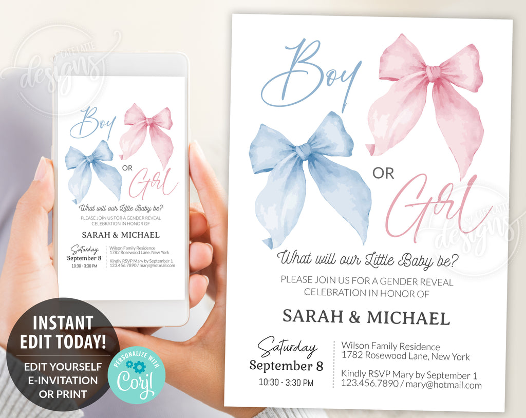 Bows Gender Reveal Digital Invitation Template, Pink bow and blue bow Boy or Girl Gender Reveal Invite, Blue and Pink gender reveal invitation editable template, Printable gender reveal invitation DIY instant download, Cheap gender reveal invitation watercolor bows