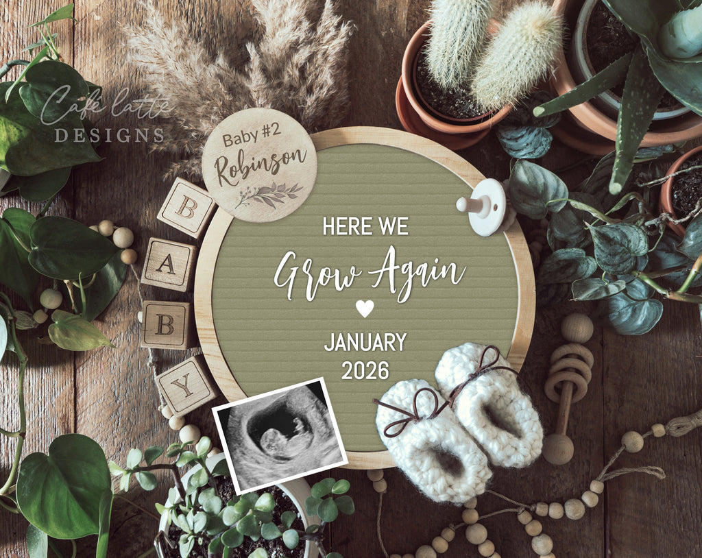 Plants pregnancy announcement digital reveal for social media, Succulent baby announcement digital image with plants, cactus, succulents, pampas and circle letter board, Here we grow again announcement, editable gender neutral bohemian template DIY