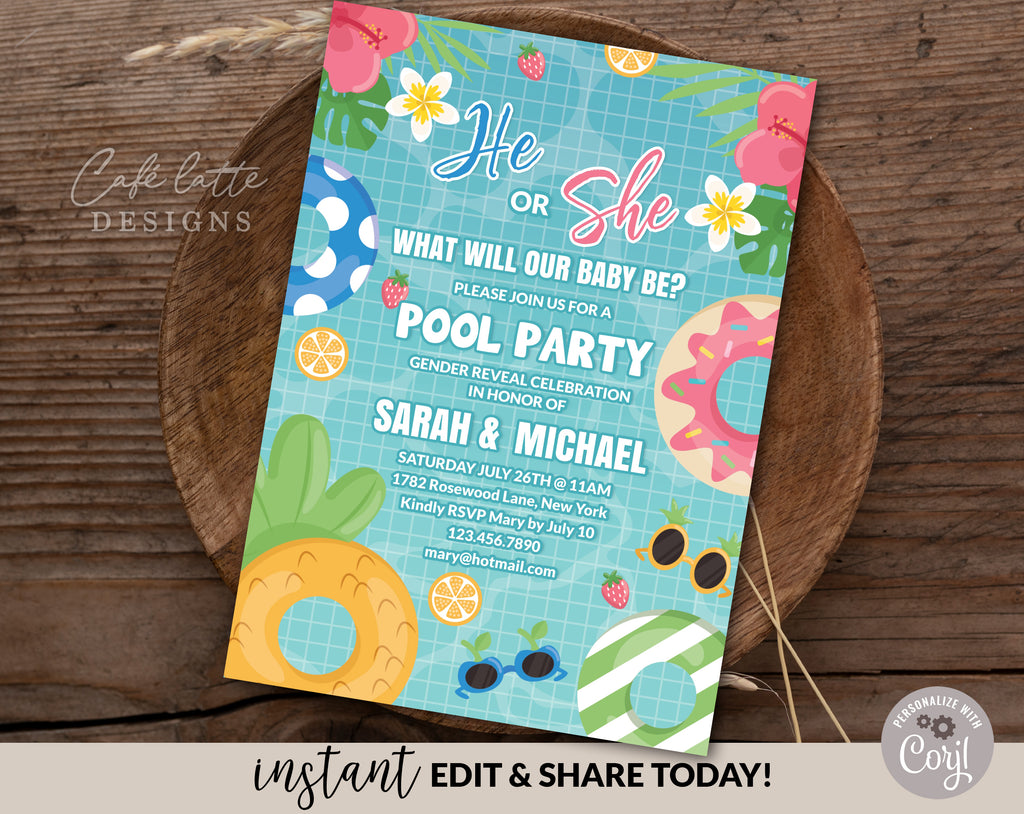 Summer pool party Gender Reveal Digital Invitation Editable Template, He or She Boy or Girl Gender Reveal Invite, Blue and Pink gender reveal pool party invitation DIY instant download, Cheap gender reveal invitation June July August