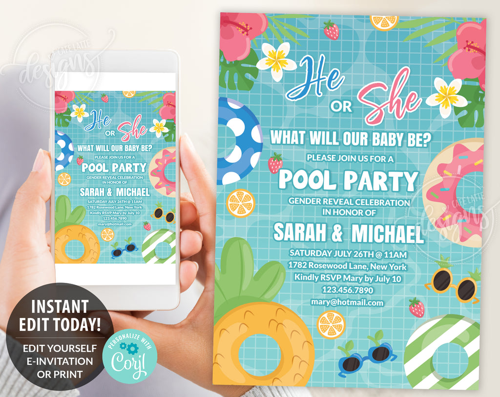 Summer pool party Gender Reveal Digital Invitation Editable Template, He or She Boy or Girl Gender Reveal Invite, Blue and Pink gender reveal pool party invitation DIY instant download, Cheap gender reveal invitation June July August