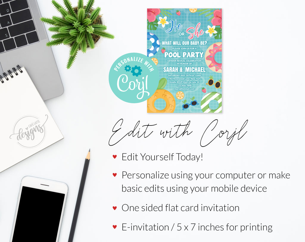 Summer pool party Gender Reveal Digital Invitation Editable Template, He or She Boy or Girl Gender Reveal Invite, Blue and Pink gender reveal pool party invitation DIY instant download, Cheap gender reveal invitation June July August