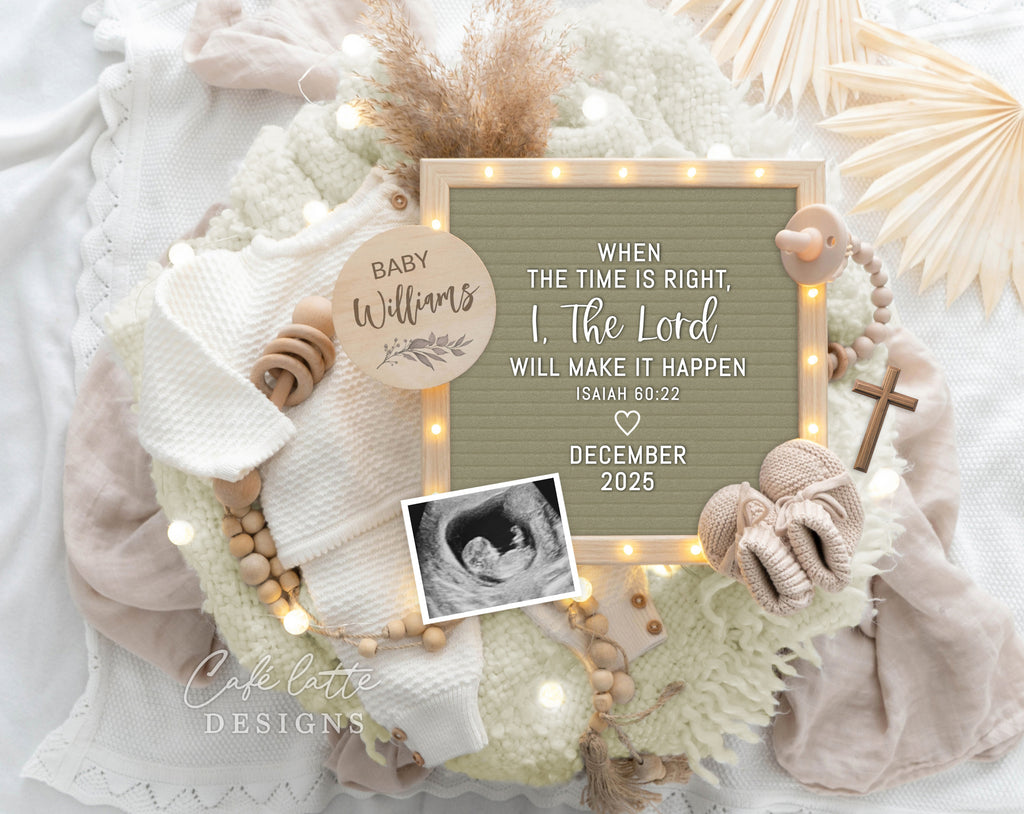 Religious pregnancy announcement digital reveal for social media, Religious baby announcement digital image with knitted white baby outfit and sage green letter board, When the time is right I the Lord will make it happen, Isaiah 60 22, Baby editable template DIY, Boho pregnancy announcement simple minimalist, Instant download pregnancy announcement