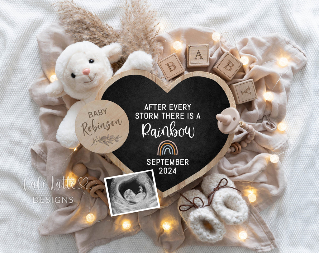 Rainbow baby pregnancy announcement digital reveal for social media, Rainbow baby announcement digital image with lamb heart chalkboard and rainbow, After every storm there is a rainbow, Gender neutral rainbow baby editable template DIY, Boho rainbow