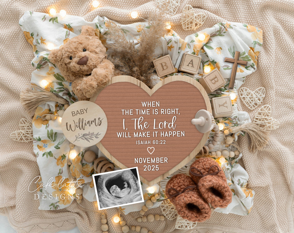 Spring Religious Pregnancy Announcement Digital Boho Gender Neutral mocha Heart letter board, Baby Announcement Digital Editable Template, Spring Baby Announcement, Summer Religious Baby Announcement, Yellow flowers, Digital Spring baby announcement, Digital Summer Baby Announcement, Digital Spring Pregnancy announcement, DIY Baby Announcement, Spring baby teddy bear and heart, When the time is right I the Lord will make it happen Isaiah 60:22 religious scripture bible verse baby reveal