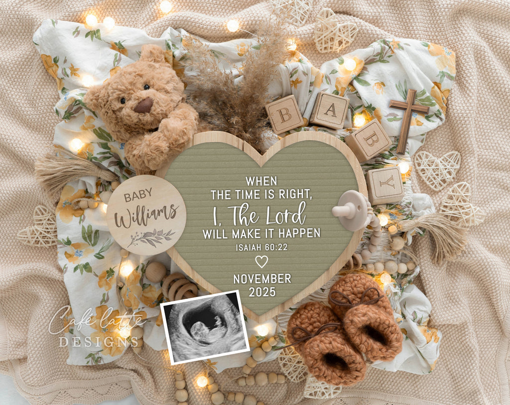 Spring Religious Pregnancy Announcement Digital Boho Gender Neutral sage green Heart letter board, Baby Announcement Digital Editable Template, Spring Baby Announcement, Summer Religious Baby Announcement, Yellow flowers, Digital Spring baby announcement, Digital Summer Baby Announcement, Digital Spring Pregnancy announcement, DIY Baby Announcement, Spring baby teddy bear and heart, When the time is right I the Lord will make it happen Isaiah 60:22 religious scripture bible verse baby reveal