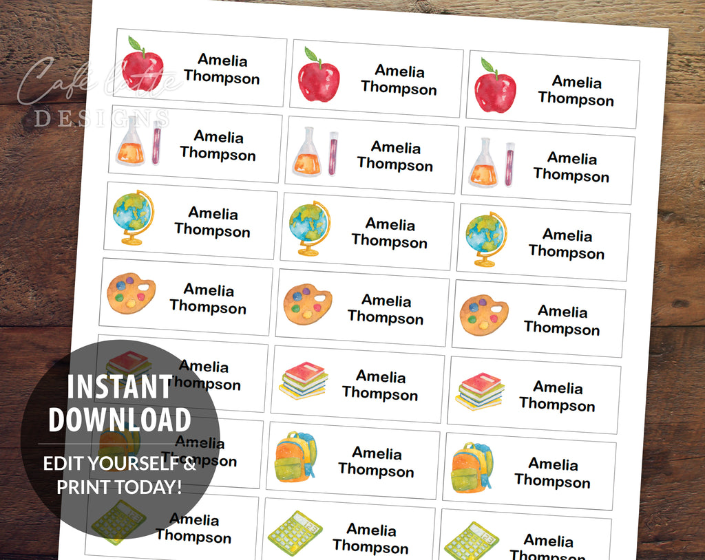 Watercolor Name labels for kids school supplies, Editable template watercolor school icons name tags for school, Back to school name labels to print on sticker paper, DIY print at home name tags back to school, Watercolor school name tags instant download, Cheap name labels printable