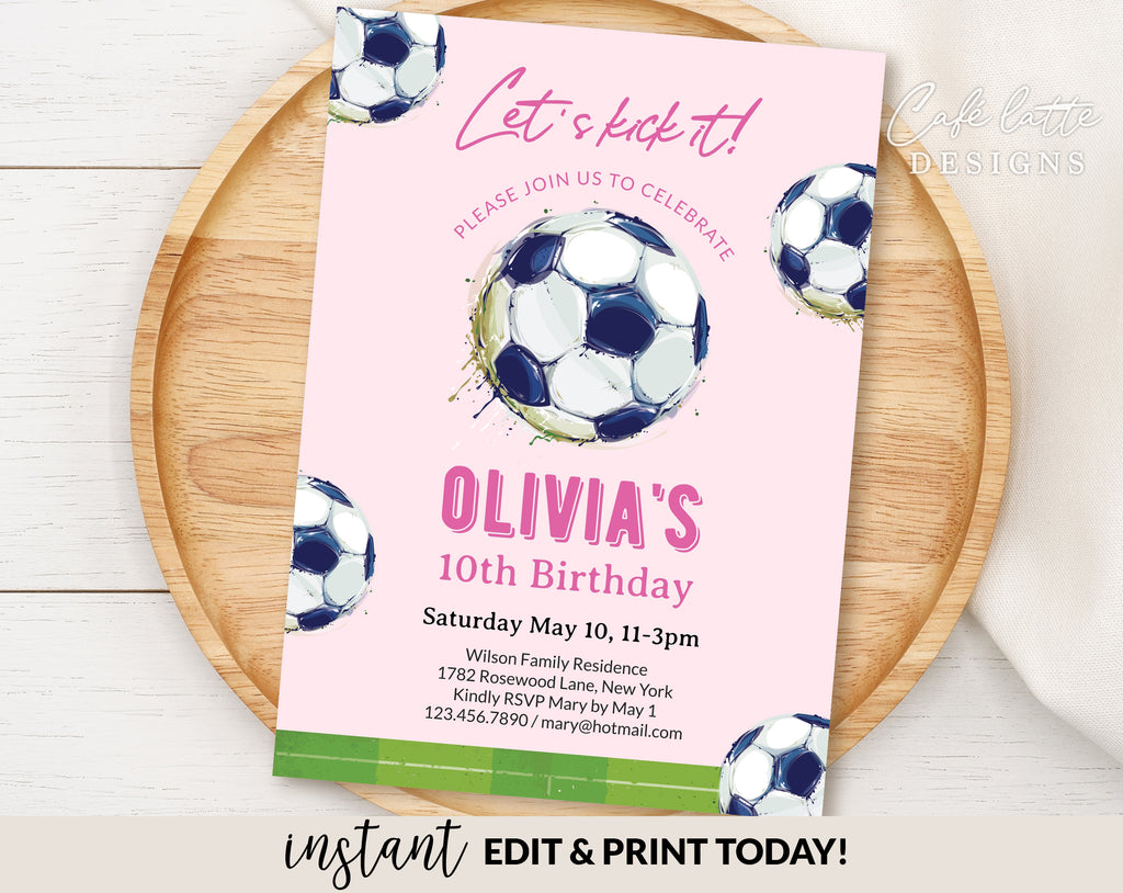 Soccer girl Birthday invitation editable template, Printable girl soccer ball pink birthday invitation, Personalized custom invite for girls birthday, Soccer field invitation card, Digital girls teen birthday invitation email text message, Birthday e invite, Birthday party invite, Soccer lets kick it invitation DIY, Cheap birthday party invitation, Instant download birthday invitation