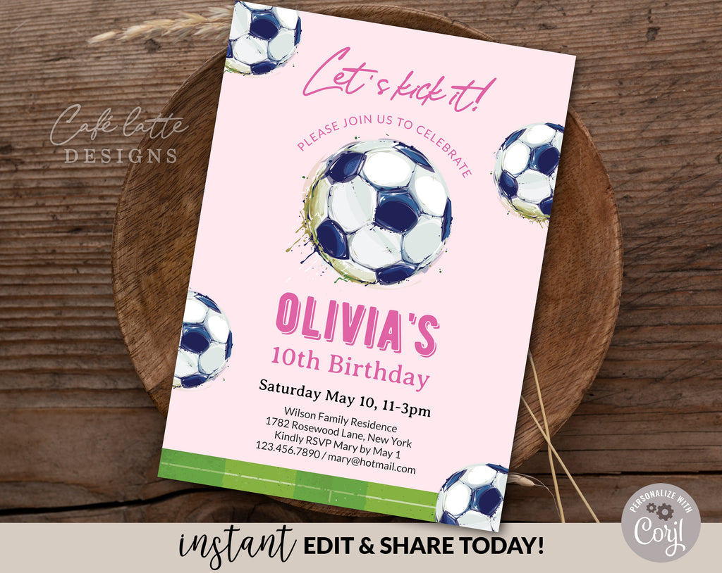 Soccer girl Birthday invitation editable template, Printable girl soccer ball pink birthday invitation, Personalized custom invite for girls birthday, Soccer field invitation card, Digital girls teen birthday invitation email text message, Birthday e invite, Birthday party invite, Soccer lets kick it invitation DIY, Cheap birthday party invitation, Instant download birthday invitation