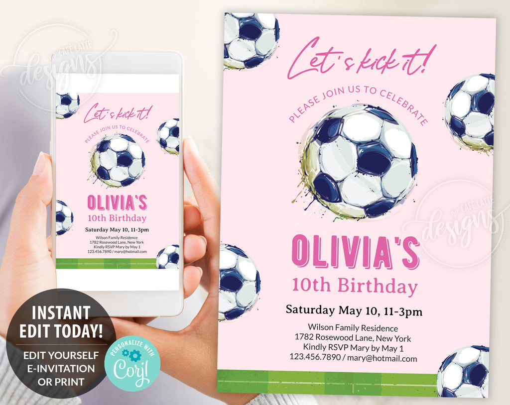 Soccer girl Birthday invitation editable template, Printable girl soccer ball pink birthday invitation, Personalized custom invite for girls birthday, Soccer field invitation card, Digital girls teen birthday invitation email text message, Birthday e invite, Birthday party invite, Soccer lets kick it invitation DIY, Cheap birthday party invitation, Instant download birthday invitation