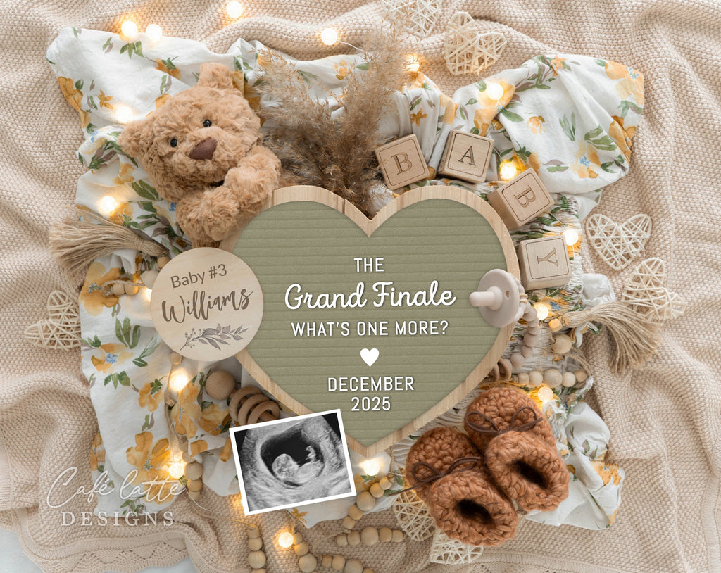 Pregnancy announcement digital, Pregnancy announcement to husband, Pregnancy announcement template, Pregnancy announcement grandparents, Pregnancy reveal, Pregnancy announcement gift, Neutral bear pampas green heart letter board, The grand finale whats one more, Second third fourth fifth child sibling announcement, Baby 2 3 4 5, 2nd 3rd 4th pregnancy reveal, Spring summer baby reveal ideas
