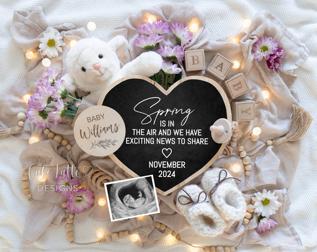 Spring pregnancy announcement digital reveal for social media, Spring baby announcement digital image with heart chalkboard little lamb and purple flowers bouquet, Spring is in the air and we have big news to share, Editable template DIY with daisies