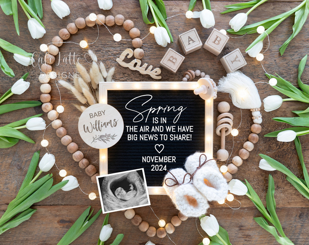 Spring pregnancy announcement digital reveal for social media, Spring baby announcement digital image with heart white tulips and letter board, Spring is in the air and we have big news to share, Boho April May June baby, Neutral editable template