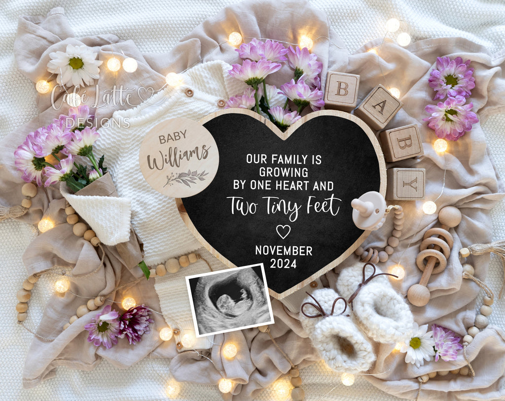 Spring pregnancy announcement digital reveal for social media, Spring baby announcement digital image with knitted outfit heart and flower bouquet, Our family is growing by one heart and two tiny feet, Summer daisies Mothers Day boho baby, Editable