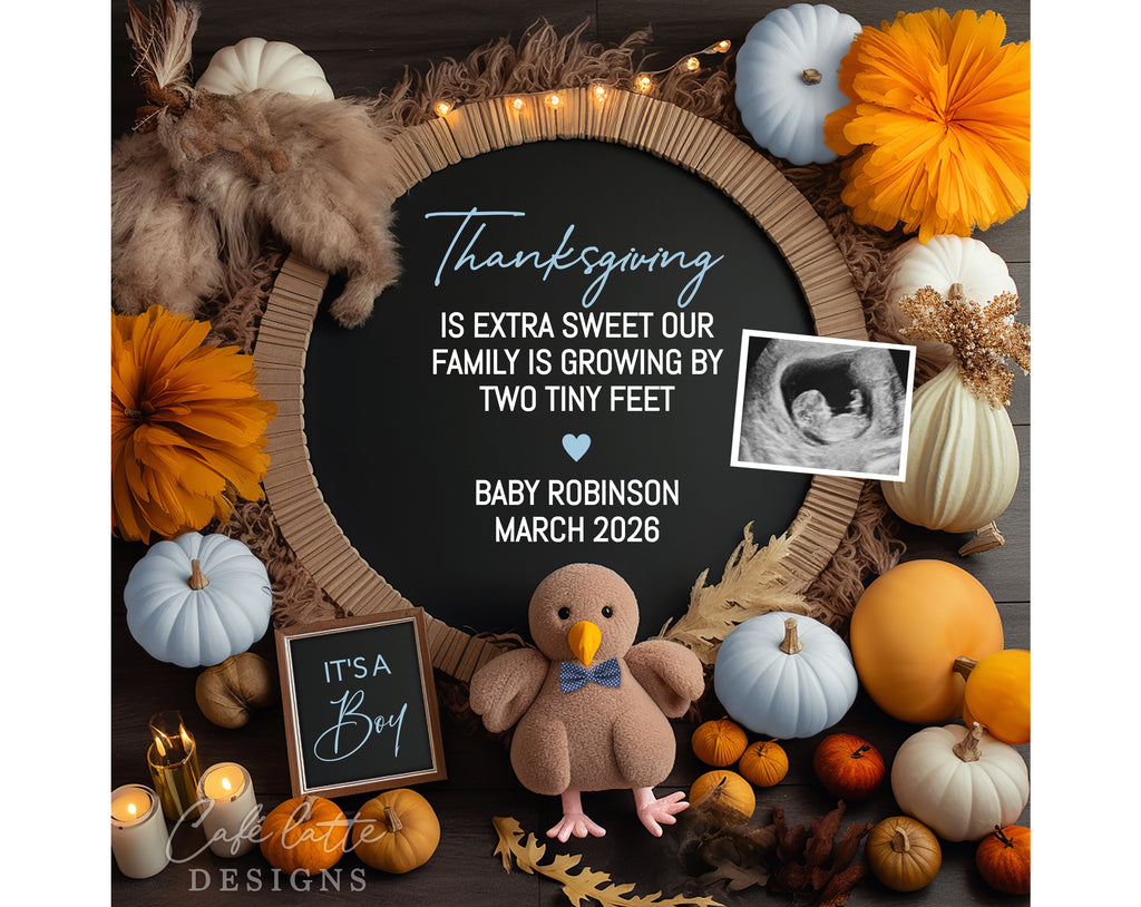 Thanksgiving boy pregnancy announcement digital reveal for social media, Thanksgiving baby boy announcement little turkey, pumpkins and chalkboard, Thanksgiving is extra sweet our family is growing by two tiny feet, Its a boy gender reveal, Boy gender reveal boho baby, editable template DIY, Turkey boy with blue bowtie baby reveal instant download