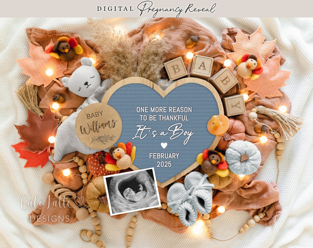 Fall boy gender reveal pregnancy announcement digital for social media, Thanksgiving its a boy boho baby announcement blue heart letter board, Boy gender reveal autumn editable template DIY, October November Baby, One more reason to be thankful