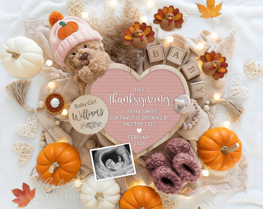 Fall girl pregnancy announcement digital reveal for social media, Thanksgiving boho baby girl announcement digital image with pumpkin hat, leaves, little felt turkeys, heart letter board, Girl gender reveal autumn editable template DIY, September October Baby girl,  this Thanksgiving is extra sweet our family is growing by two tiny feet, baby announcement, baby announce, digital baby announcement, pregnancy announcement, pregnancy reveal, thanksgiving baby announcement, thanksgiving baby girl