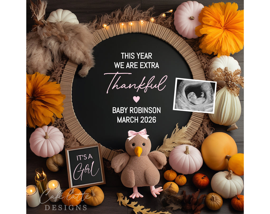 Thanksgiving girl pregnancy announcement digital reveal for social media, Thanksgiving baby girl announcement little turkey, pumpkins and chalkboard, This year we are extra thankful, Its a girl gender reveal, Girl gender reveal boho baby, editable template DIY, Turkey girl with pink bow baby reveal instant download