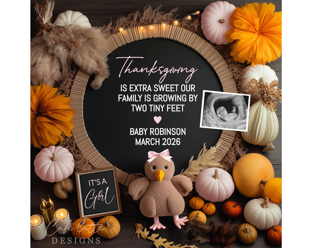 Thanksgiving girl pregnancy announcement digital reveal for social media, Thanksgiving baby girl announcement little turkey, pumpkins and chalkboard, Thanksgiving is extra sweet our family is growing by two tiny feet, Its a girl gender reveal, Girl gender reveal boho baby, editable template DIY, Turky girl with pink bow baby reveal instant download