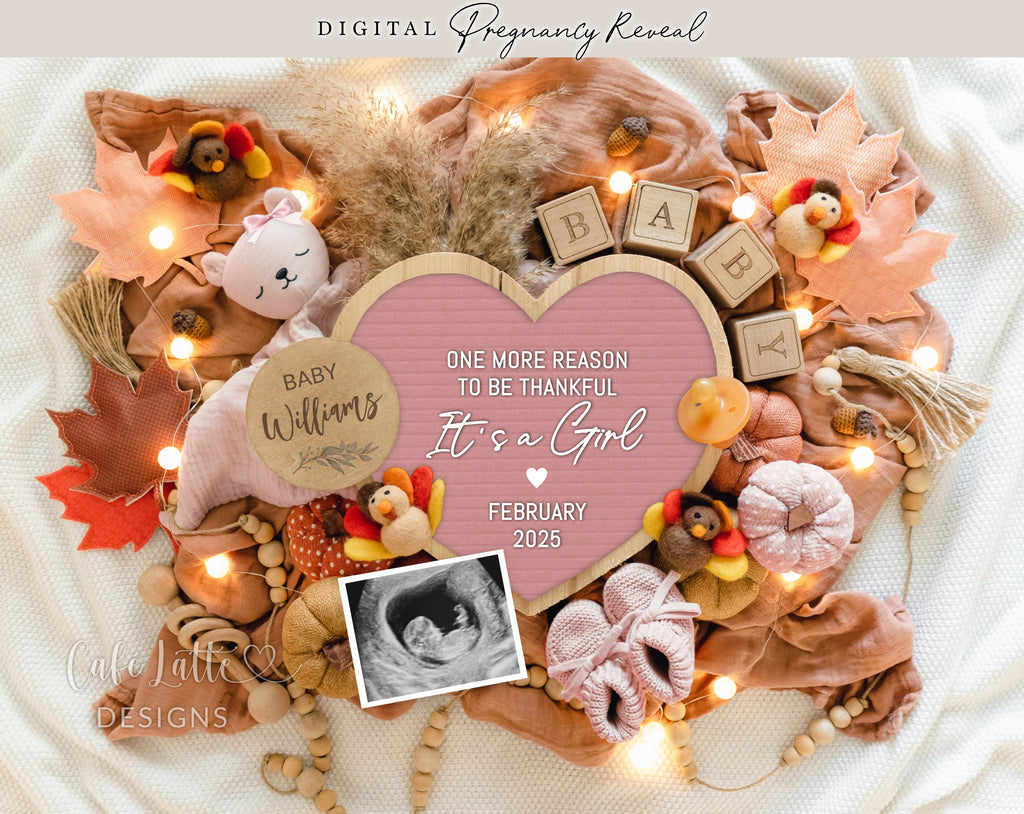Fall girl gender reveal pregnancy announcement digital for social media, Thanksgiving its a girl boho baby announcement pink heart letter board, Girl gender reveal autumn editable template DIY, October November Baby, One more reason to be thankful