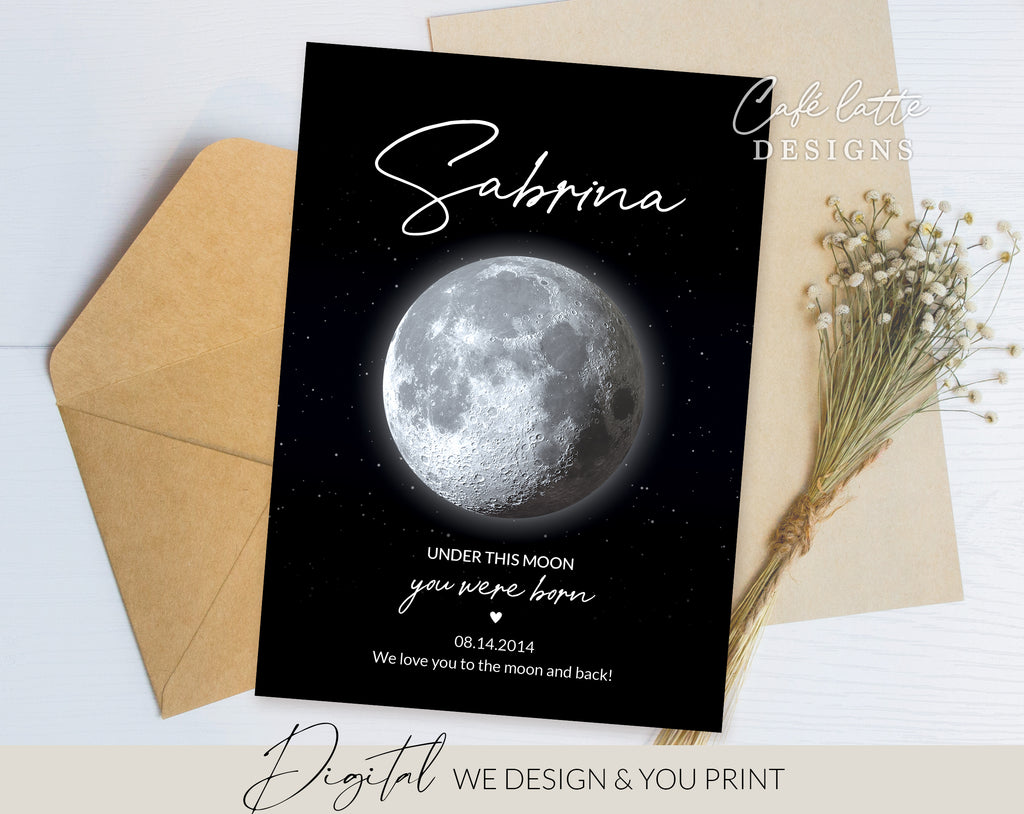 Custom Moon Phase Printable, Moon Phase Gift for baby, Newborn Thoughtful Gift, Personalized Digital Moon Phase Birthday Gift Print, Custom Moon Phase Card, First baby Gift printable poster for picture frame, Childs birthday in moon phase original gift for baby newborn, Baby's Night sky poster printable gift, Under this moon you were born gift for new parents